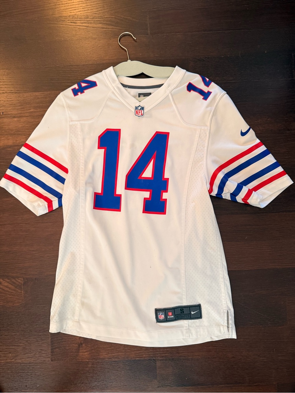 NFL White Football Jersey with Blue and Red Accents